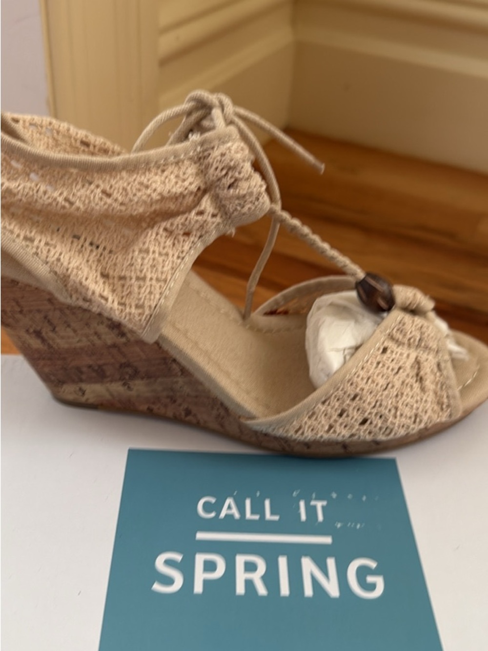 Call It Spring Tan Crochet Lace Wedge Sandals with Ankle Tie
